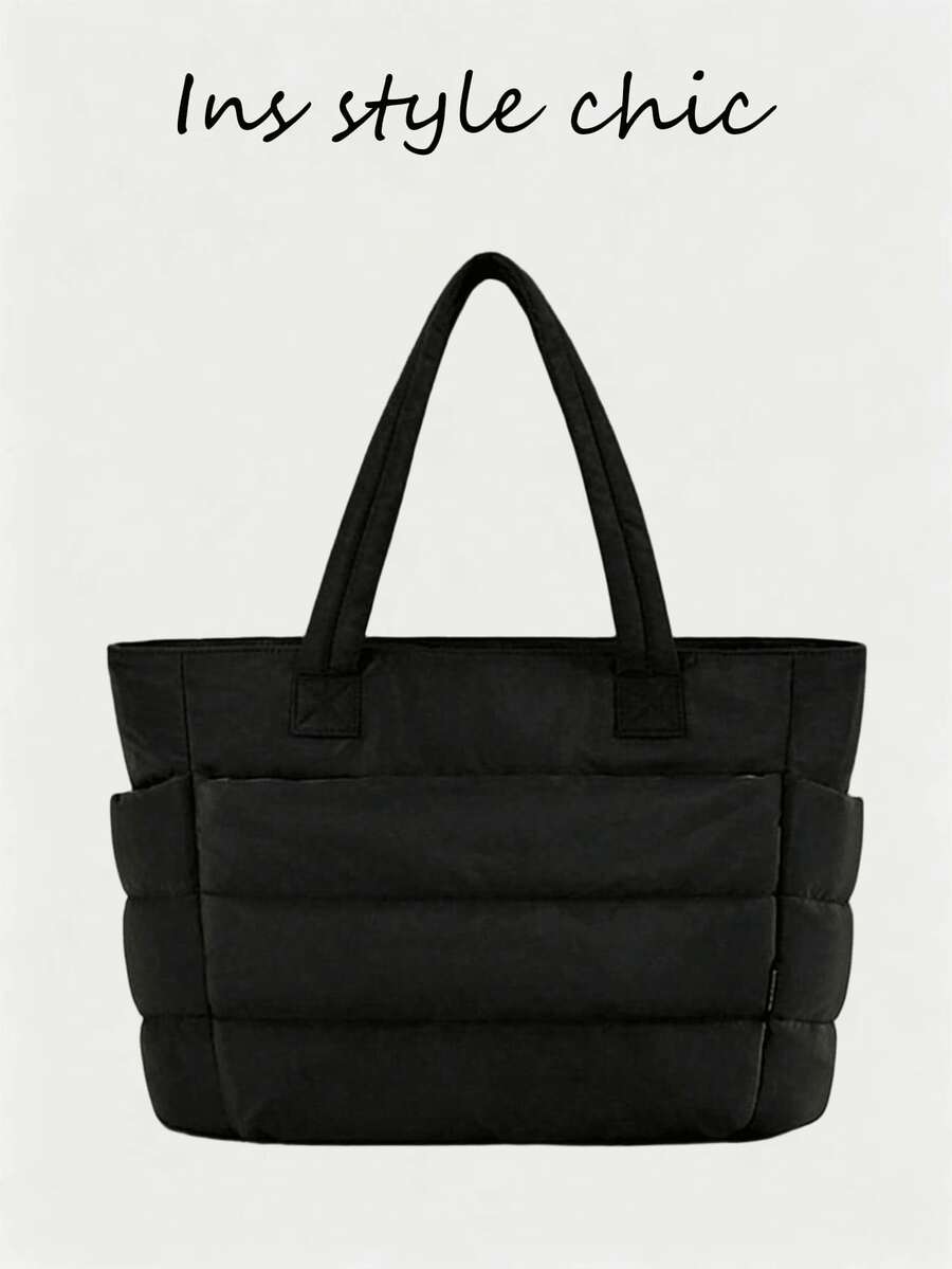 New Fashion Classic Multifunctional Solid Color Handbag, Featuring Solid Color Design, Quilted Decor, Shoulder Handbag, Dual Handles, Stylish Ladies Shoulder Bag, Business Commuter Bag, Suitable For Shopping And Social Events - Black - View 1