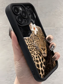1 قطعة غطاء هاتف TPU أسود بتصميم زهرة ونمر مستلقي على الجانب بأسلوب بسيط وشخصي مقاوم للصدمات بتغطية كاملة متوافق مع Apple 17 16 15 14 13 12 11 Pro Max Air والسلسلة - متعدد الألوان - مشاهدة 3
