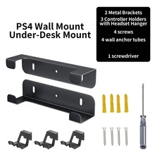 P4 Wall-Mounted And Under-Desk Storage Kit, Carbon Steel Game Console Stand, Compatible With P4 Pro Slim Original Version, Includes 2 Metal Brackets And 3 Controller/Headset Hooks - View 10