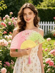 Women's Hand Fan Foldable - Folding Chinese Vintage Bamboo Silk Fan - Perfect For Hot Flashes, Church, EDM, Festivals, Dance, And Gifts (Cherry Blosso - Multicolor - View 3