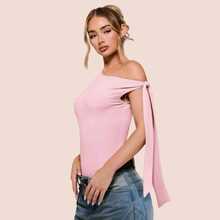 Women's Bodysuit With Tie Bow And Asymmetrical Neckline, Sleeveless, Ideal For Romantic Dates, Casual, Vacation And Summer - 珊瑚粉 - 查看 9
