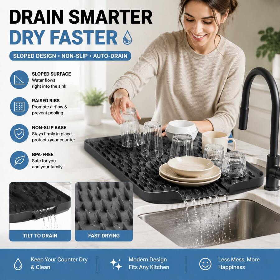 1pc Large Anti-Slip Silicone Kitchen Sink & Countertop Drainage Mat, Built-In Drainage Design, Dish Drying Rack & Space-Saving Storage, Easy To Clean, Suitable For Stove & Sink, Modern Kitchen Use, Minimalist Design, Anti-Slip Surface, Countertop Protection Pad