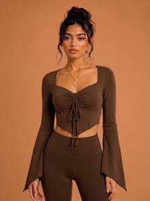 Never me Women's Square Neck Drawstring Waist Long Sleeve Sports T-Shirt, Flared Sleeve Cropped Yoga Fitness Base Layer Top - Brown - View 5