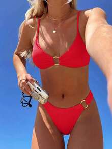 Women's Solid Color Metal Ring Detachable Bikini Set With Removable Straps, Summer Vacation Beach Red - Red - View 1