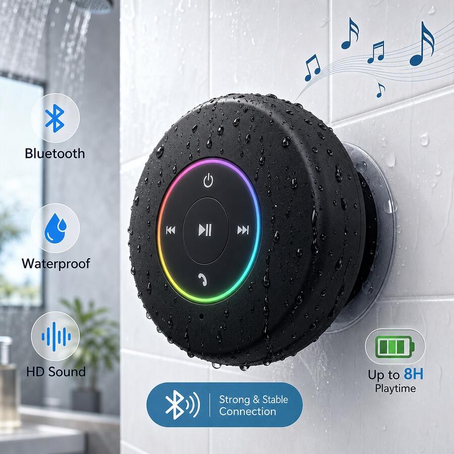 Mini Portable Waterproof Bluetooth SpeakerRechargeable - Multifunctional Wireless Speaker,Strong Suction Cup & Hands-Free Calling, MatteSkin-Feel, USB Charging, Bass & Colorful LEDLighting, Home & Outdoor Use, Portable Speakers