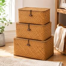 1pc Rectangular Woven Wicker Storage Basket With Lid, Toy Storage Box And Home Organizer For Clothes, Books & Sundries, Decorative Bin For Bedroom, Bathroom, Kitchen And Dorm Room, Autumn Home Decor And Back-To-School University Essentials - Brown - View 1