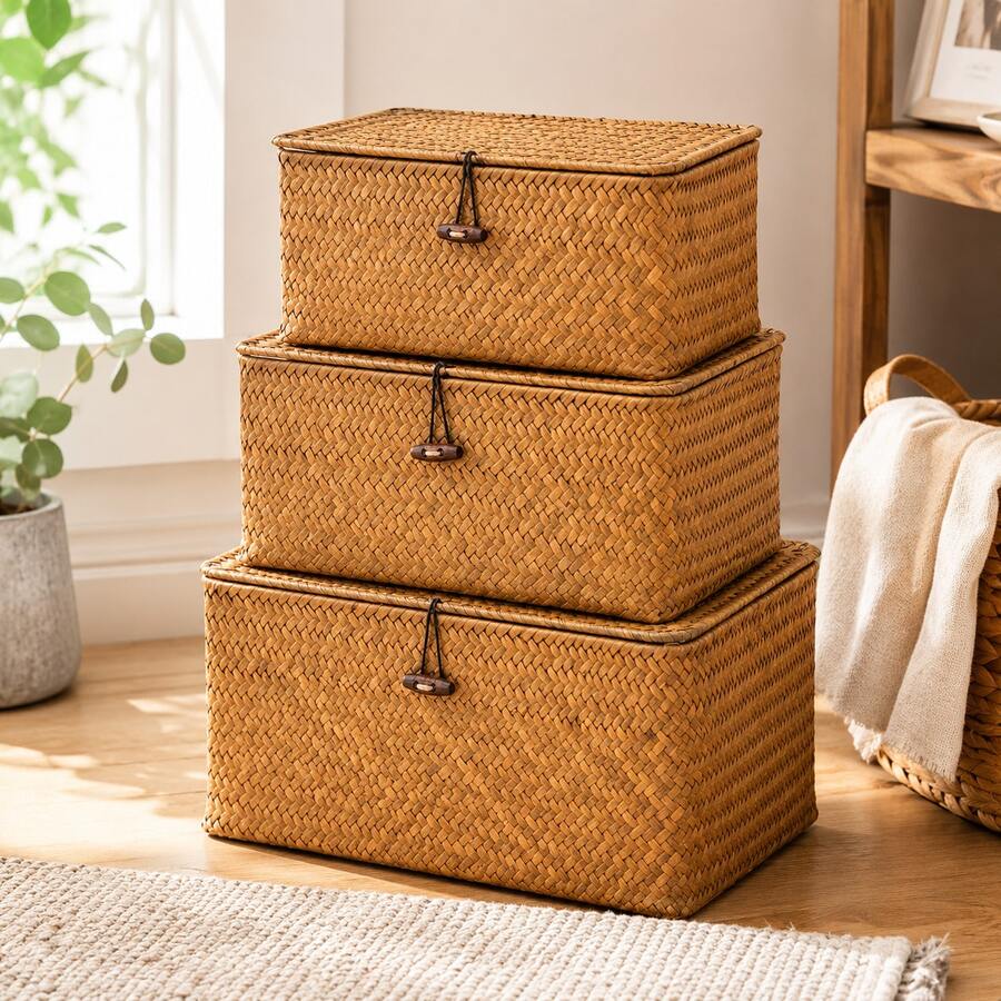 1pc Rectangular Woven Wicker Storage Basket With Lid, Toy Storage Box And Home Organizer For Clothes, Books & Sundries, Decorative Bin For Bedroom, Bathroom, Kitchen And Dorm Room, Autumn Home Decor And Back-To-School University Essentials - Brown - View 1