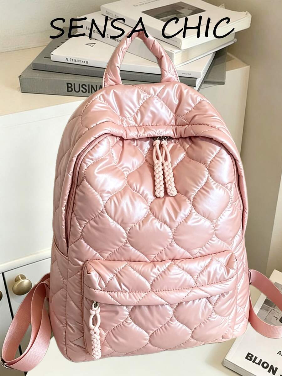 Mochila acolchada con corazón rosa, de nailon suave con acolchado, tejido de punto, cordón y cremallera, gran capacidad, mochila escolar para estudiantes y viajes diarios - Rosa - Ver 1