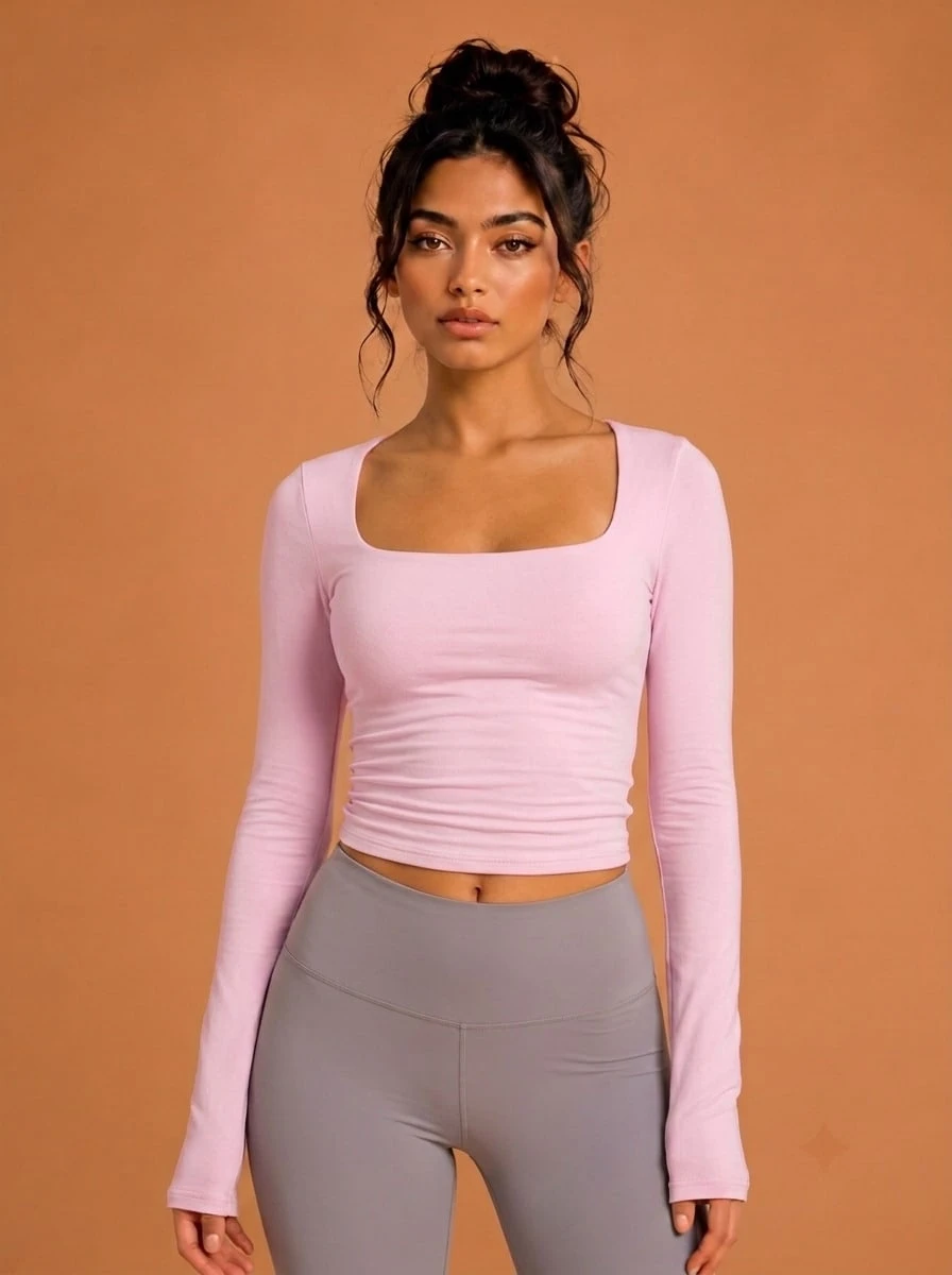 Never me Women's Sports T-Shirt, Square Neck Long Sleeve Top, Ruched Waist, Cropped Fit, High Elasticity Yoga Fitness Base Layer - Pink - View 1