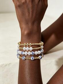 4pcs/Set Fashionable And Elegant Blue And White Porcelain Faux Pearl Beaded Golden Beaded Bracelets For Women Stackable 14K Gold Plated Stretch Bead Ball Bracelet Jewelry Set Chinese Style Bracelet Gifts For Woman Teen Girls Valentines Day Summer Jewelry,Mom,Mother,Mother's Day,Gift - 彩色 - 查看 5