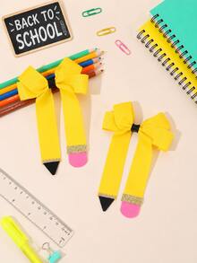 2pcs Solid Yellow Pencil Shape Bow, Glitter Pink Eraser Alligator Hair Clips For Back To School Daily Styling, Sweet Kids Hair Accessories - Yellow - View 3