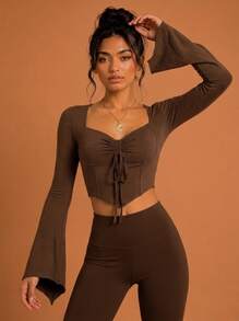 Never me Women's Square Neck Drawstring Waist Long Sleeve Sports T-Shirt, Flared Sleeve Cropped Yoga Fitness Base Layer Top - Brown - View 10