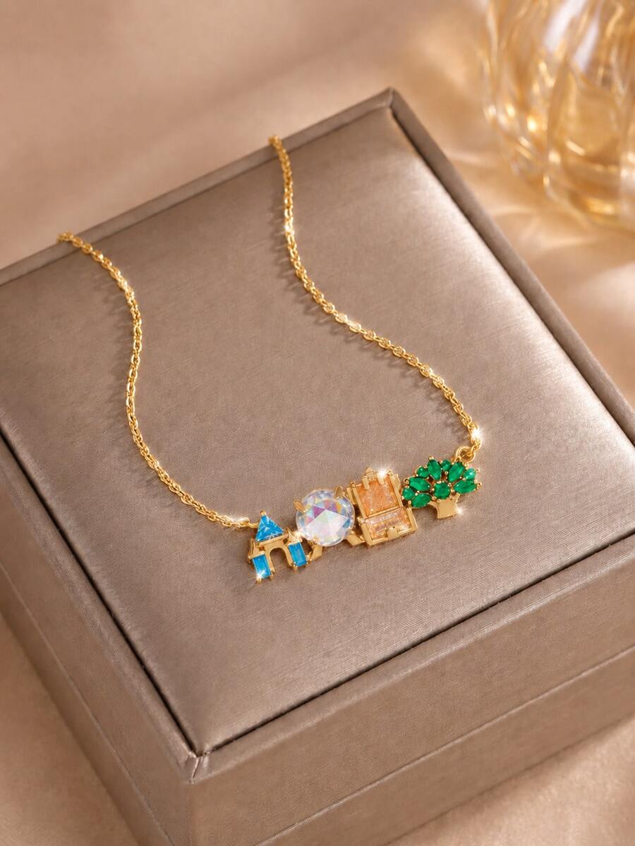 rakol 1pc Cartoon Fairy Tale Style Colorful Zirconia Castle & Tree Fun Women's Necklace - Amusement Park - View 1