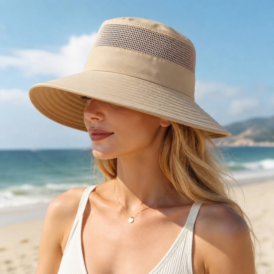 1 pieza Sombrero de cubo unisex primavera/verano, protección solar de ala ancha, con agujeros transpirables y cuerda a prueba de viento - Beis - Ver 1