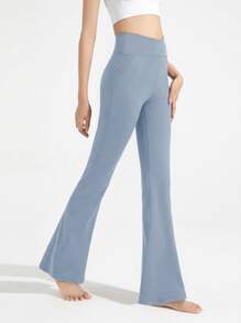 Never me Women's Sports Long Pants With Crossover Waist, Shaping Flared Leg, Seamless Wide Waistband, Hip-Flattering - Sky Blue - View 5