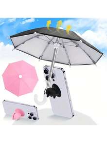 Mini Sunshade Umbrella With Universal Pig-Shaped Suction Cup Phone Holder, Outdoor Anti-Glare Sunshade Cover, Polyester Fiber Material, Rainproof And Sunproof, Includes Screen Protector - Black - View 2