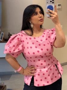 GMFP Pink Polka Dot Round Neck Puff Sleeve Waist-Cinching Cropped Backless Top, Date Independence Day World Cup Women's Outfit Summer - Pink - View 4