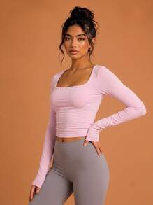 Never me Women's Sports T-Shirt, Square Neck Long Sleeve Top, Ruched Waist, Cropped Fit, High Elasticity Yoga Fitness Base Layer - Pink - View 6