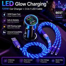 120W Car Charger+3-In-1 Led Illumination Cable 2USB Car Power Charger 3.1A With Voltage Detection Multi-Port Car Power Adapter,6 Devices Simultaneously | Universal For All Cars | Smart Chip & Durable Braided Cable - Default - View 2