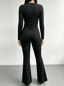 SuofeiMan Women's Solid Color Casual Round Neck Long Sleeve Lace Patchwork Asymmetrical T-Shirt And Flare Pants 2 Pieces Set, Autumn/All Season Outfit - Black - View 2