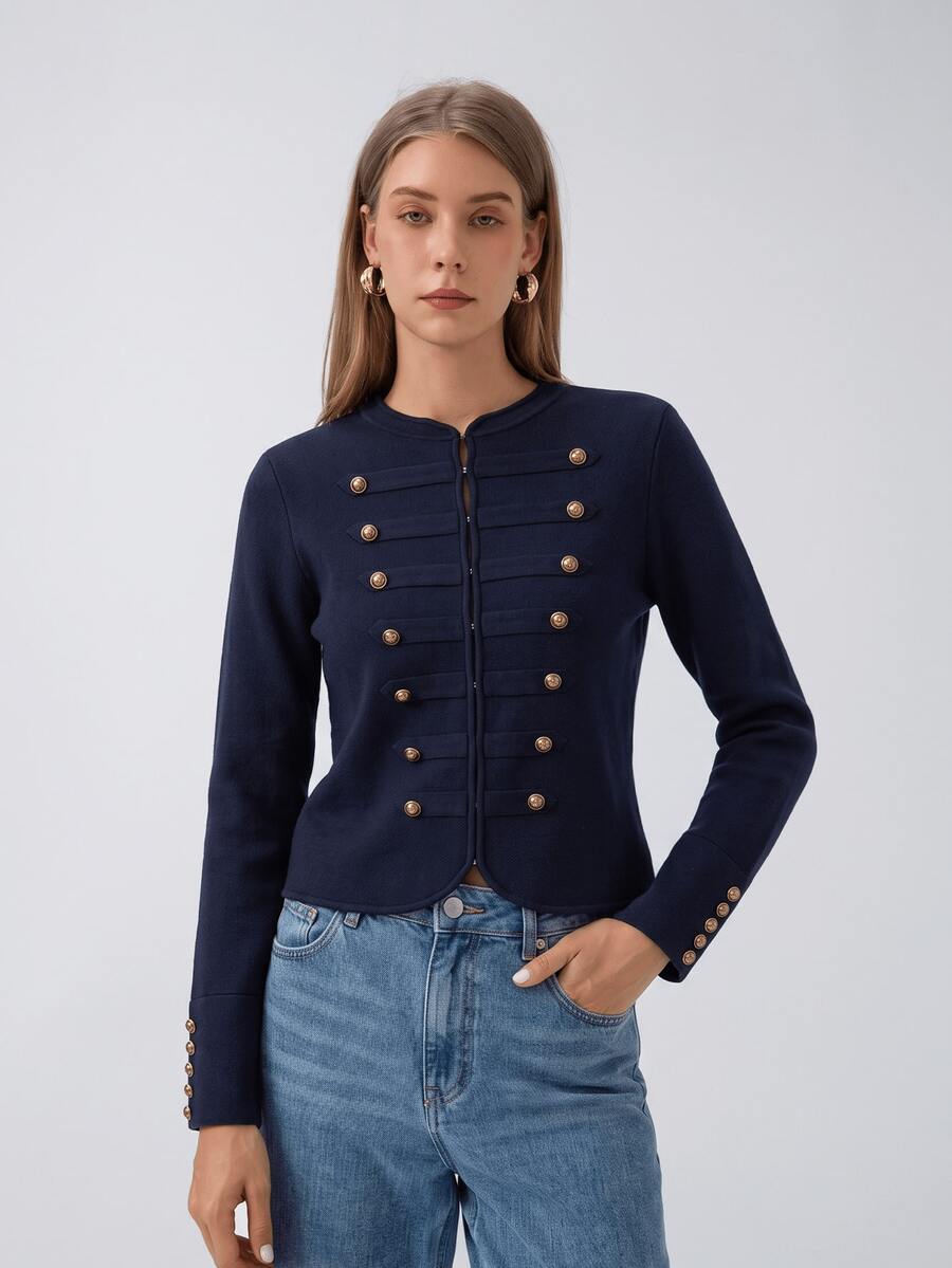 HZXVIC Women's Autumn New Vintage Elegant Gold Double-Breasted Knit Coat Fall - Navy Blue - View 1