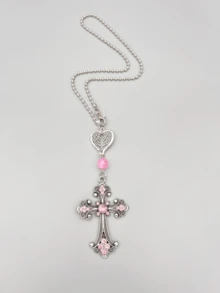 1pc Rhinestone Heart Wings Car Rearview Mirror Hanging Ornament, Jesus Cross Car Interior Accessory, Essential Car Decoration, Pink Car Accessory, Home Bedroom Room Decor, Women's Accessory, Bag Charm, Religious Gift - A - View 7