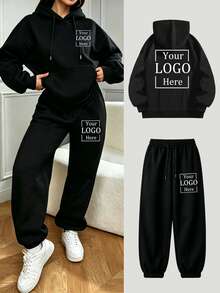 Customized Personalized Women's Hoodie & Joggers Set Black 2 Pieces - Add Your Own Photo (Family Photo/Selfie/Pet Photo/Text Image/Logo) To Design Your Personalized Outfit, Can Print Baby/Couple/Family/Pet Photo, Personalized Set, Customized Unique Women's Sportswear - Black - View 2