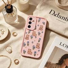 1pc Cute Little Flower & Bear Cartoon Floral Pattern Minimalist Soft Protective Phone Case, Matte Pink Lens Frame With Stepped Design, Full Coverage Anti-Drop, Suitable For Samsung/Galaxy/Honor/Transsion/MOTO - Multicolor - View 5
