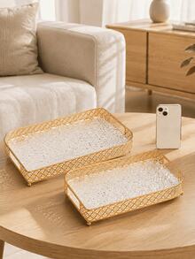 Gold Decorative Tableware Tray Set With Clear Tactile Base; Rectangular Metal Storage Tray With Handles And Raised Feet, Suitable For Paper Cups, Desserts, Cupcakes, Coffee, Perfume, Jewelry, Toiletries, Bathroom Countertop, Wedding Party And High-End Home Decor - Multicolor - View 5