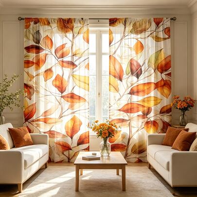 2 stuks warme aquarel herfstbladeren print gordijnen, retro oranje bruine herfstbladeren lichtfilterende raamgordijnen, zachte transparante decoratieve gordijnen voor woonkamer, slaapkamer, boerderijstijl, Thanksgiving, herfst huisdecoratie