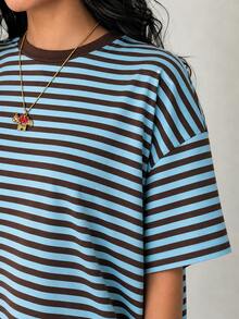 Light Blue & Brown Fine Striped All-Over Print Loose Short Sleeve Top & White Drawstring Shorts 2-Piece Set, Vintage Maillard Casual Loungewear - Blue - View 4