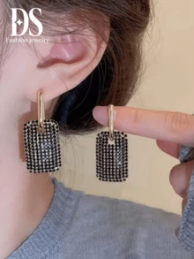 1 Pair Fashion Rectangle Full Rhinestone Dangle Earrings, Luxury Copper Hook Earrings, European And American Exaggerated Jewelry For Women, Suitable For Casual Wear - Gold Black Diamond - View 2