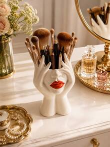 Large Capacity Makeup Brush Storage Box, Elegant Cosmetic Organizer, Unique Facial Design, Desktop Vanity Storage Box, Suitable For Makeup Brushes, Lipsticks And Beauty Tools - Multicolor - View 3