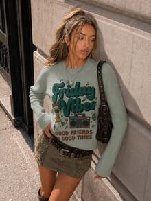 Women Graphic Sweater Gray Retro Horror Print Knit Pullover Top Cute Y2K Streetwear Long Sleeve Jumper Halloween Fall Winter Casual Going Out - Green - View 4