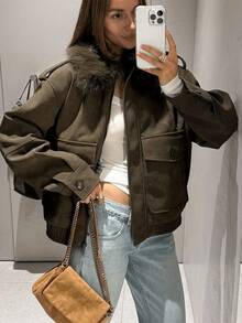 GDDYIN Women's Autumn New Fashionable Casual PU Leather Pilot Jacket With Detachable Fur Collar - Army Green - View 4