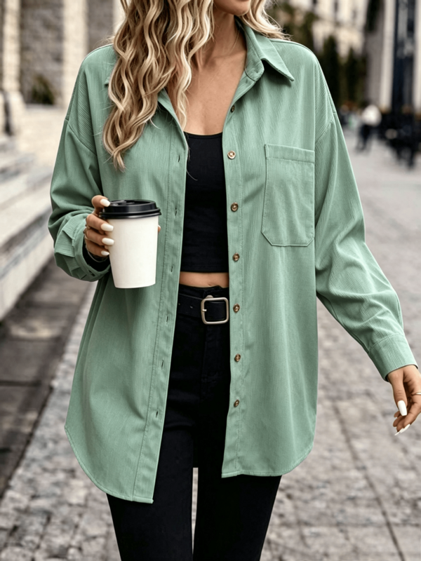 Áo khoác ngoài casual nữ size lớn phong cách vintage, vải nhung tăm mềm, dáng rộng, cổ bẻ, màu xanh nhạt, có túi ngực, tay dài