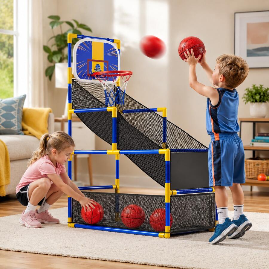 Arcade Basketball Game Indoor, Kids Ajustable Basketball Hoop, Outdoor Carnival Sports Play Toy With 4 Balls And Air Pump, Educational Birthday Gift For Boys Girls 3 4 5 6 7 8 Year Old - Blue - View 1