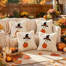 1PC/2PCS Autumn 3D Jacquard Pumpkin Pillowcase, Faux Fur Halloween Throw Pillow Cover, Comfortable Modern Home Decor, Pumpkin Ghost Hat Design, Suitable For Rustic Style Sofa, Bedroom, Living Room And Holiday Decoration - Beige - View 7