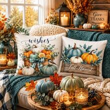 4 Stück Hello Pumpkin Thanksgiving Kissenbezüge 17,7x17,7 Zoll, Herbst Thanksgiving Kürbis Erntedekoration, geeignet für Zuhause Sofa - Verschiedenfarbig - Übersicht 7