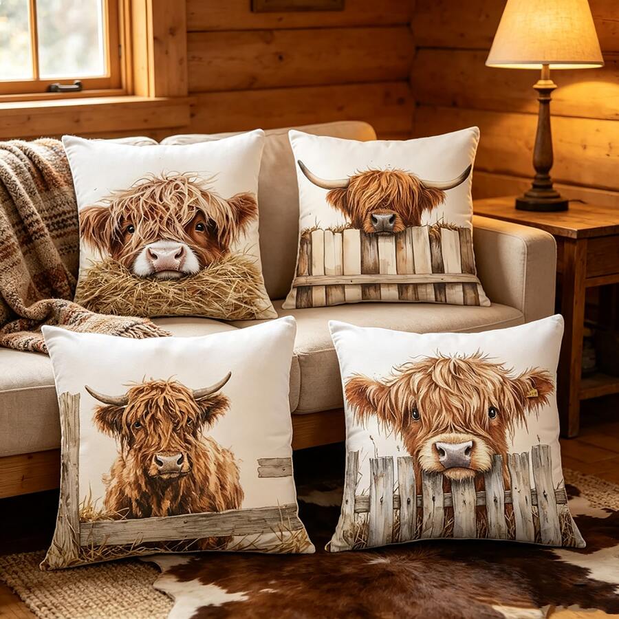 4PCS Digital Print Throw Pillows Highland Cow Wooden Fence Hay Pattern Farmhouse Home Sofa Decor Cushions - Multicolor - View 1