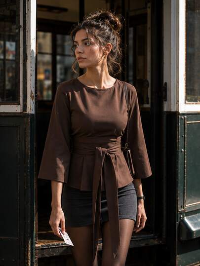 Elegant Women's Brown Crew-Neck Top With Tie Details And Flared Three-Quarter Sleeves, Suitable For Casual Daily Wear In Autumn.