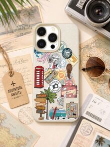 1 Stück cremeweiße Handyhülle mit Lychee-Textur, Globus-Reiseaufkleber-Collage und Ticket-Muster, stoßfeste Schutzhülle im wandernden Reise-Healing-Stil, geeignet für iPhone 17/16/15/14/13/12/11/Pro/Pro Max/Plus, perfektes Geschenk für Paare, Familie und Freunde - Beige - Übersicht 1