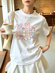 Women's Graphic T-Shirt With Magic Mouse Head Print. Women's Summer Top, This Women's Summer Crew Neck T-Shirt Is Made From Soft And Comfortable 100% - White 2 - View 4