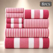8pcs/1pcs  8pcsLint-Free Super Absorbent Soft Five-Star Hotel Standard Two-Color Striped Spaced Bath Towel Set, Including 2 Large Bath Towels, 2 Medium Bath Towels And 4 Small Bath Towels - Grey - View 8
