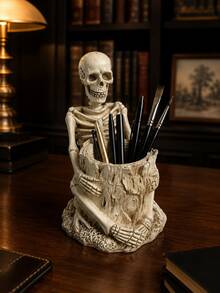 Gothic Skeleton Pen Holder Desk Organizer, Resin Skull Pencil Cup Storage Container, Halloween Horror Decor For Office Home Study Room - New Model - View 2