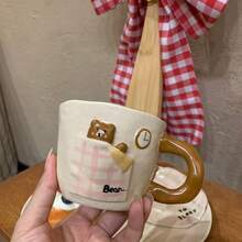 1pc Cute 3D Sleepy Bear Ceramic Dinnerware Set, Wavy Textured Coffee Mug + Bowl + Spoon + Irregular Plate + Bear Coaster, Plaid Bed Bear Design Porcelain Tableware, Aesthetic Ins Breakfast Gift Set For Women Girls - Multicolor - View 11