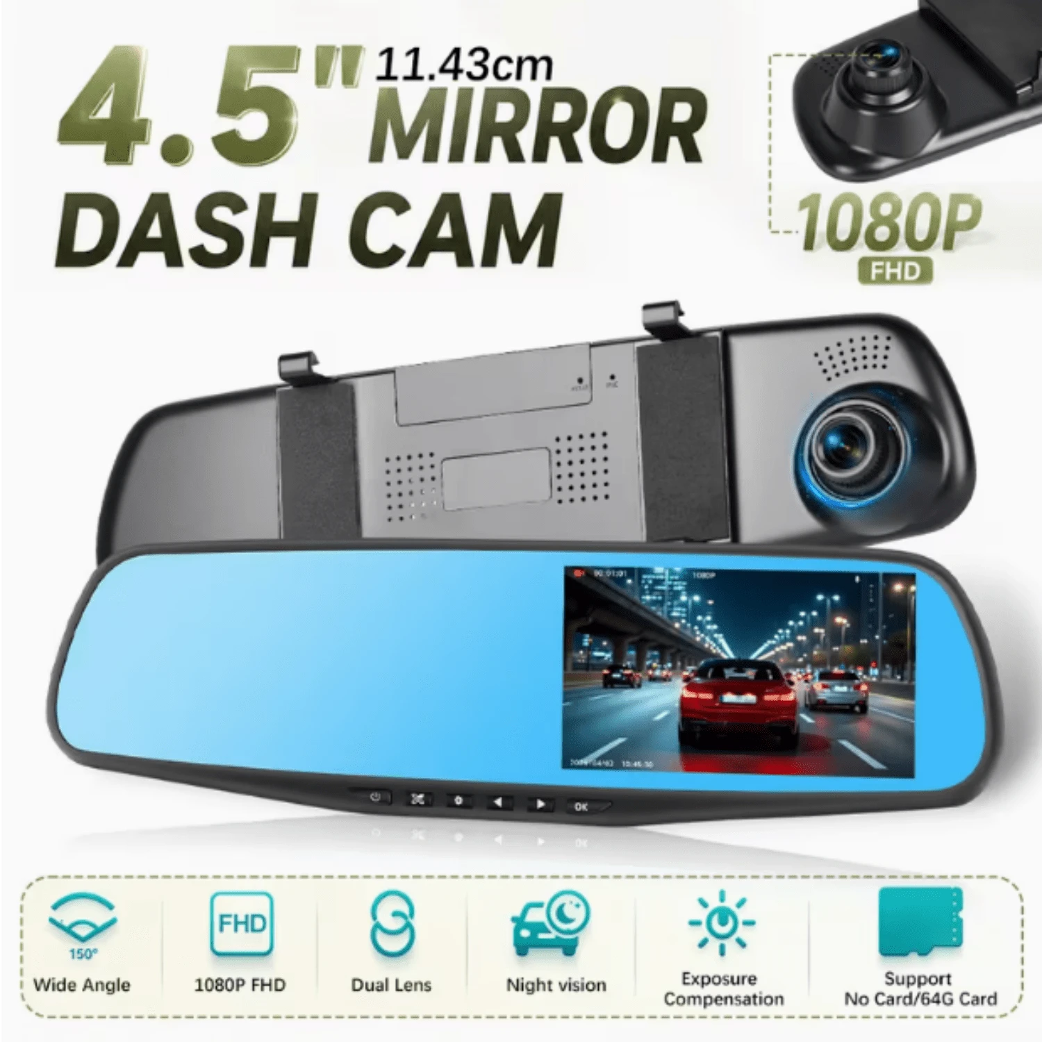 4.5-Inch Rearview Mirror Dash , Full HD 1080P Front & 480P Rear Dual Lens DVR, Front & Rear Recording, Night Vision, Motion Detection, Parking Assistance - 1 PC - View 1