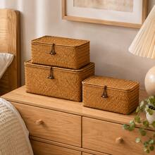 1pc Rectangular Woven Wicker Storage Basket With Lid, Toy Storage Box And Home Organizer For Clothes, Books & Sundries, Decorative Bin For Bedroom, Bathroom, Kitchen And Dorm Room, Autumn Home Decor And Back-To-School University Essentials - Brown - View 9