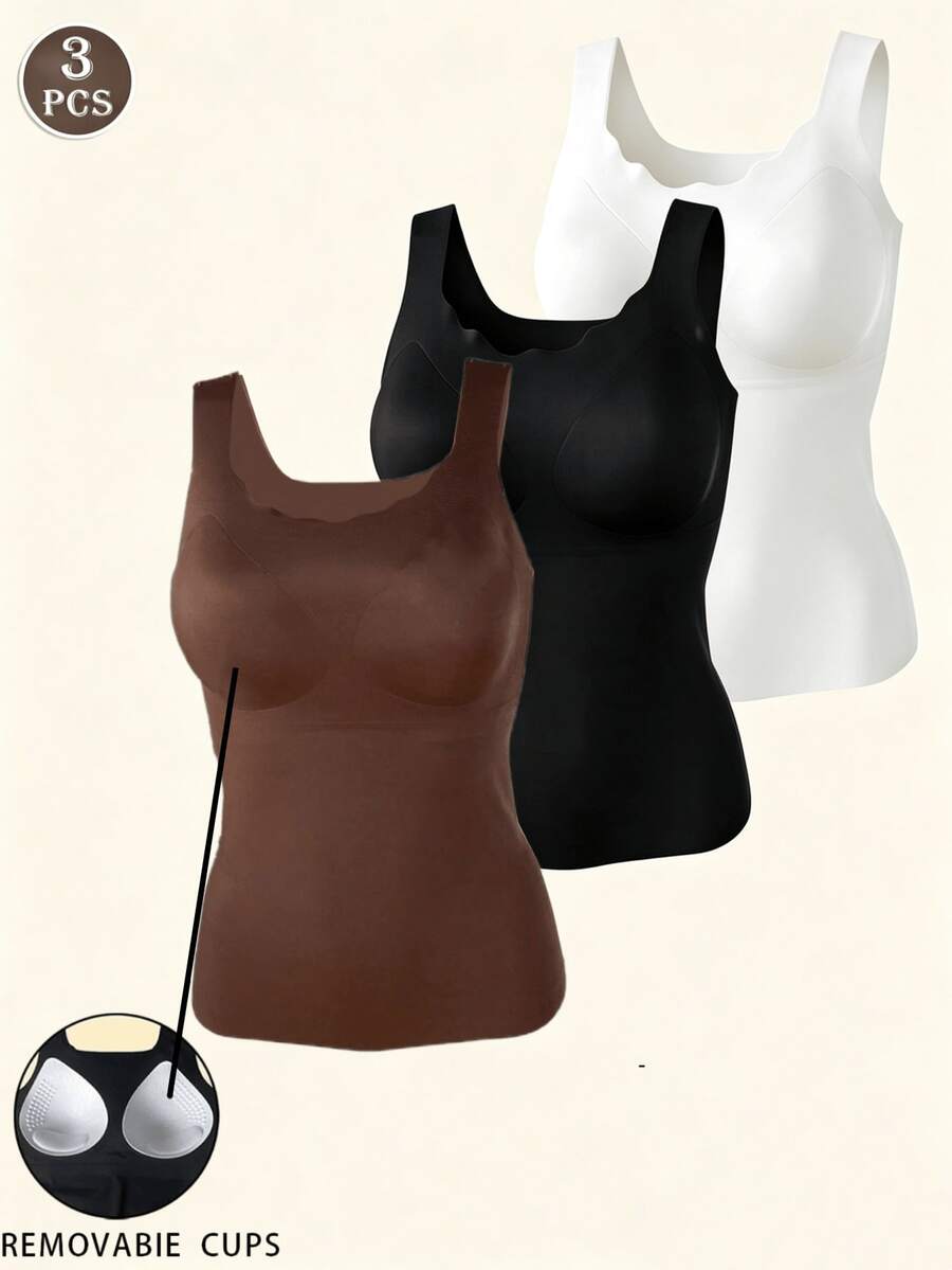 3pcs/Pack Minimalist Fashion Women's Long Tank Top, Wide, Seamless, Wire-Free, Built-In Padded, Comfortable Push-Up Camisole - Multicolor - View 1