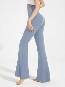 Never me Women's Sports Long Pants With Crossover Waist, Shaping Flared Leg, Seamless Wide Waistband, Hip-Flattering - Sky Blue - View 2